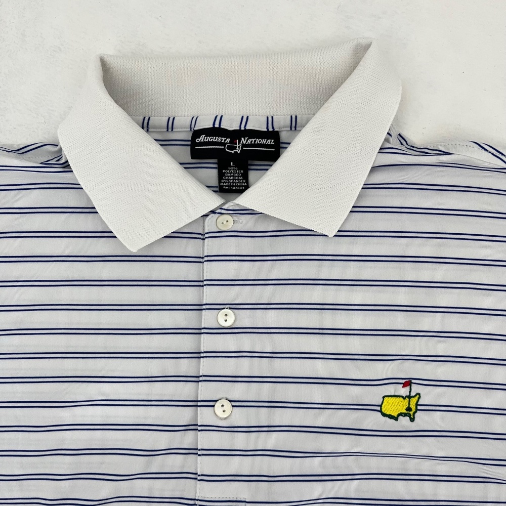 Augusta National Mens Size L Golf Polo Shirt White Blue Striped Short Sleeve - Picture 2 of 7
